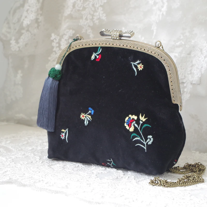 LilyHood Женская бархатная маленькая сумка на плечо с цветочной вышивкой винтажная Ретро шикарная китайская бахрома Милая Черная сумка через плечо на цепочке