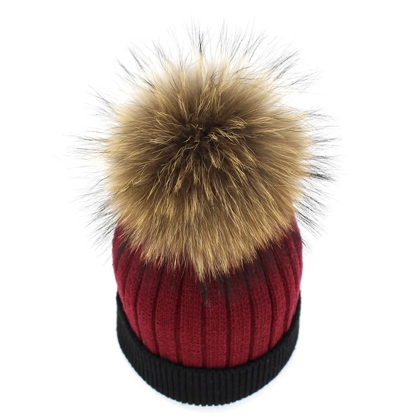Lanxxy Для женщин вязаная шапка Кепки Gorro Натуральный мех pom hat капот Повседневное зима Шапки помпоном