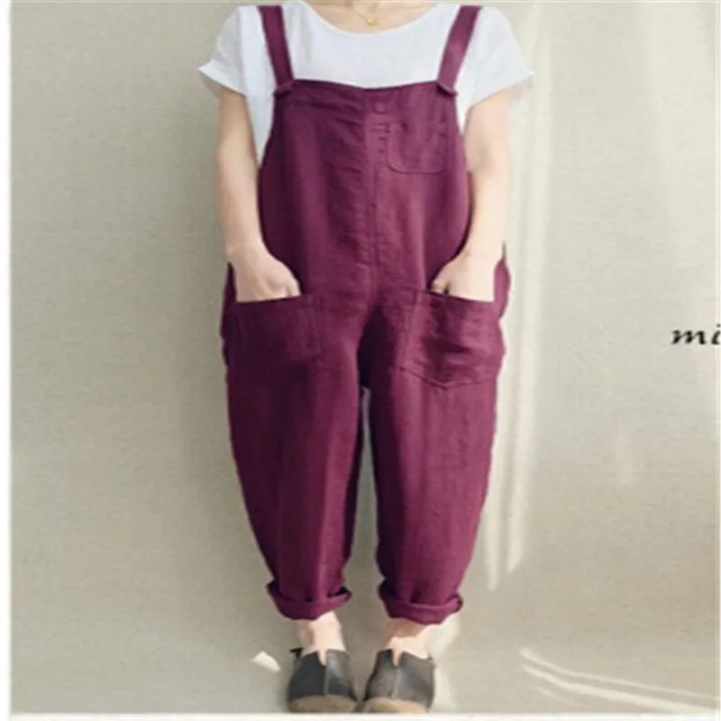 Летний женский комбинезон без рукавов однотонный свободные штаны льняные