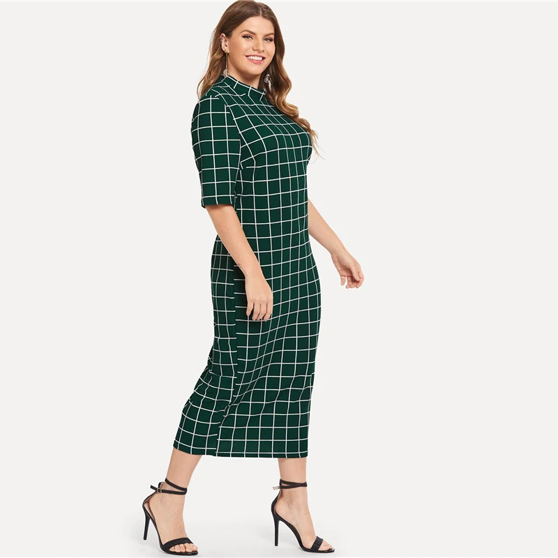 SHEIN элегантное клетчатое облегающее платье большого размера, длинное платье-карандаш для женщин, офисное платье с воротником-стойкой и сетчатым принтом, приталенное платье
