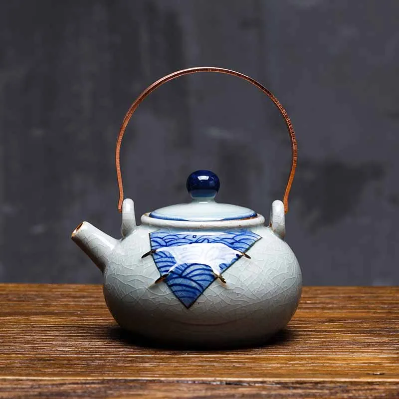 Антикварный сине белый фарфоровый чайник ручной росписи медный бонсай ледяной