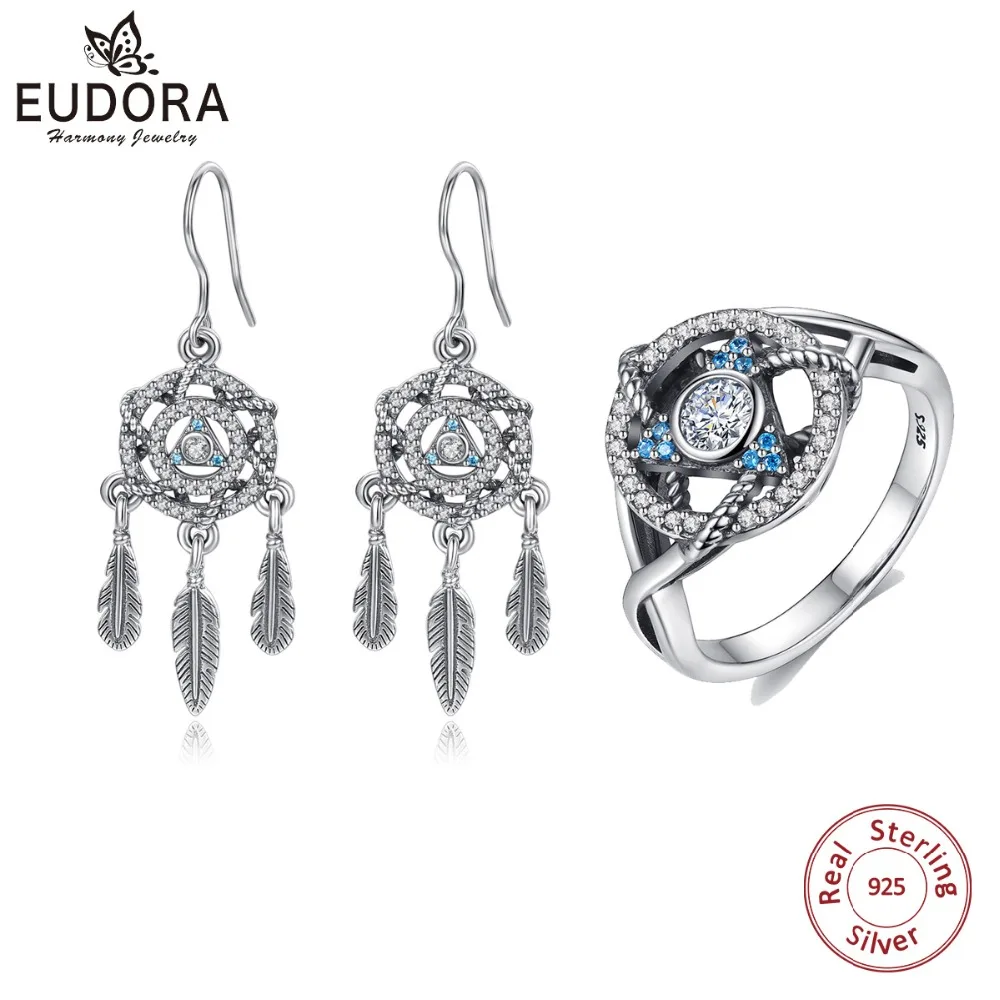 

Eudora 925 Sterling Silver Dreamcatcher Jewelry Sets Celtics knot Triangle Ring With Blue CZ Fashion Drop Earrings Women E82J05