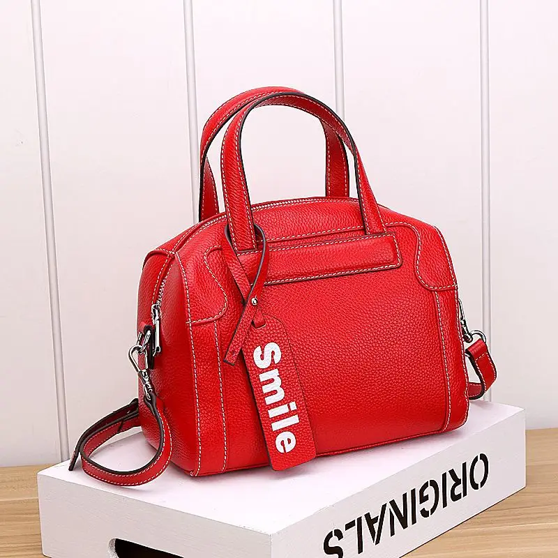 Bright red Настоящая коровья кожа улыбка кисточкой бостонские сумки маленькая сумка через плечо для женщин Женская кожа - Цвет: Bright red