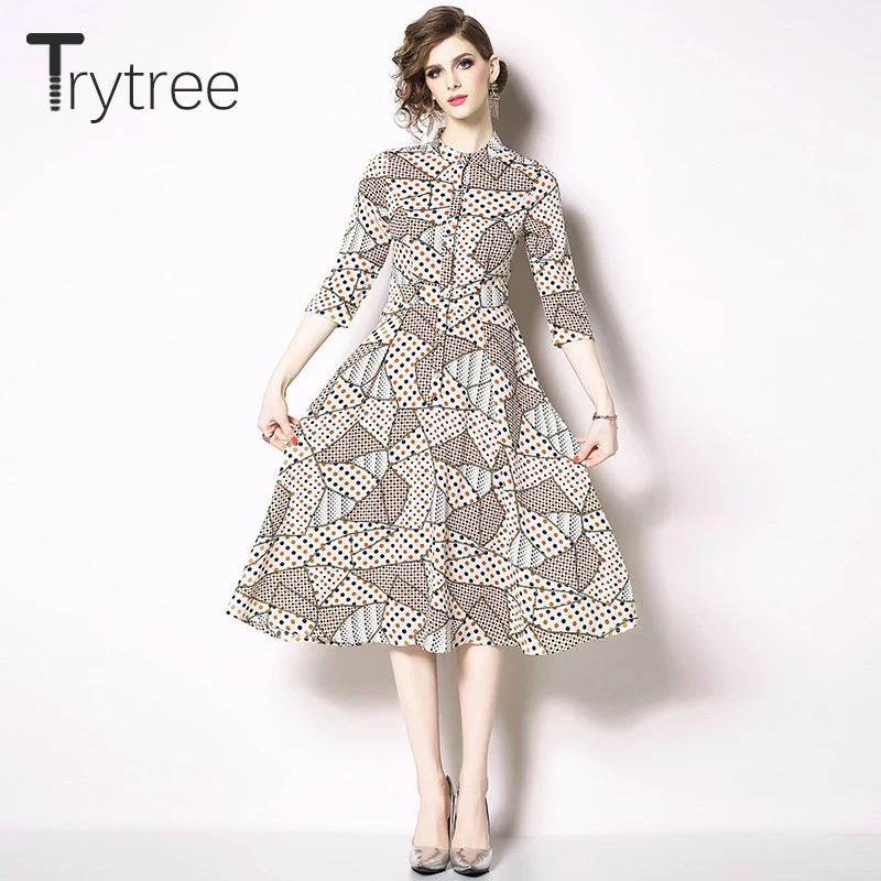 Trytree, летнее, осеннее платье, винтажное, в горошек, с геометрическими пуговицами, платье-рубашка, полиэстер, до середины икры, ТРАПЕЦИЕВИДНОЕ, офисное, женское платье