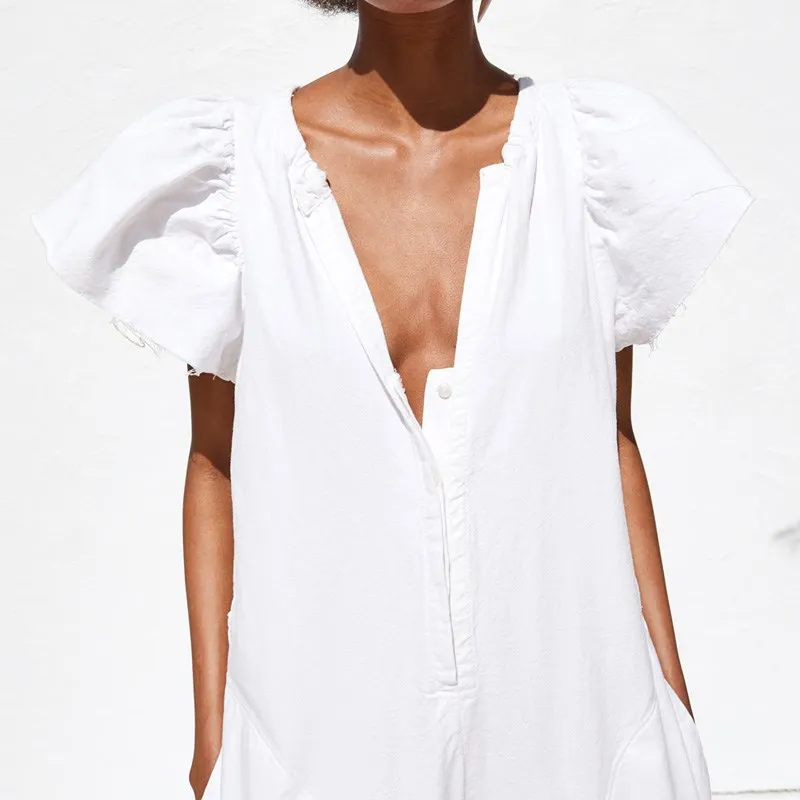 Женский белый сексуальный длинный комбинезон женский с коротким рукавом