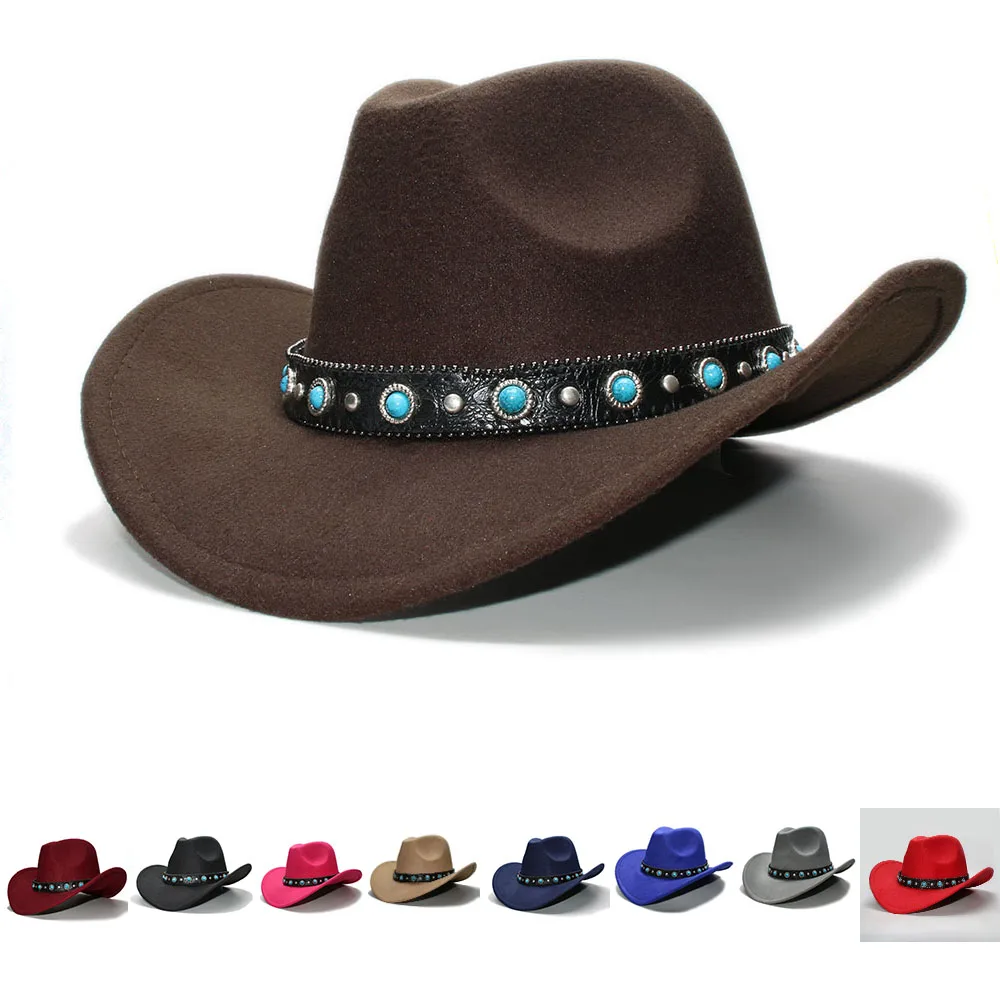 Sombrero de ala ancha para niño, gorra de Fedora con cuentas de turquesa, correa de cuero Vintage, estilo vaquero, Occidental, Retro, 100% Lana, ajustable, 54cm