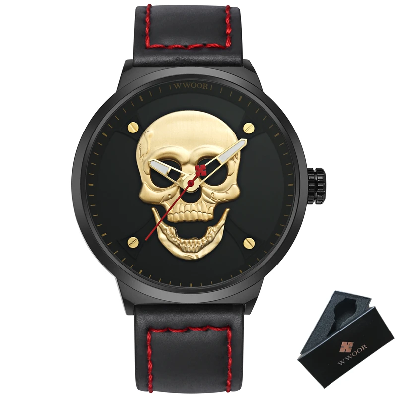 WWOOR кожаный Череп кварцевые простые мужские часы лучший бренд класса люкс Ретро