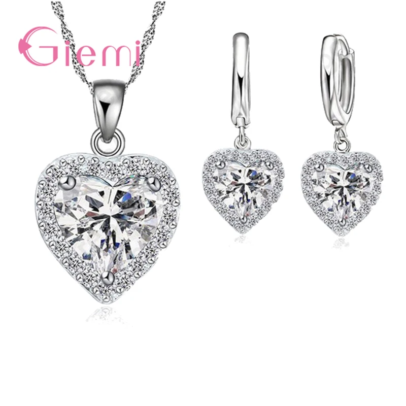

lovely Romantic Full Shiny White Zircons Heart Shaped Jewelry Sets 925 Sterling Silver Necklace Hoop Earring Women Wedding