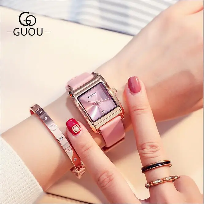 Pink GUOU часы модные кожаные женские часы топ роскошные женские часы прямоугольник Ретро кварцевые часы relogio feminino reloj mujer - Цвет: Pink