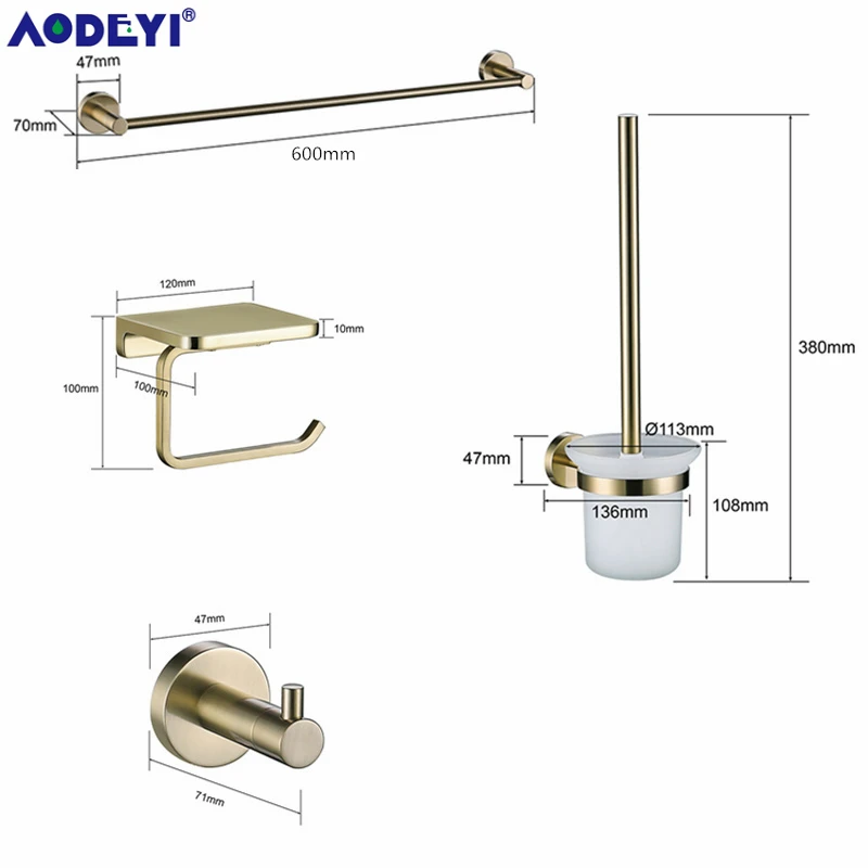 Bathroom Hardware Set Brushed Gold Robe Hook Towel Rail Rack Bar Shelf Paper Holder Wall Mount Bathroom Accessories SUS 304