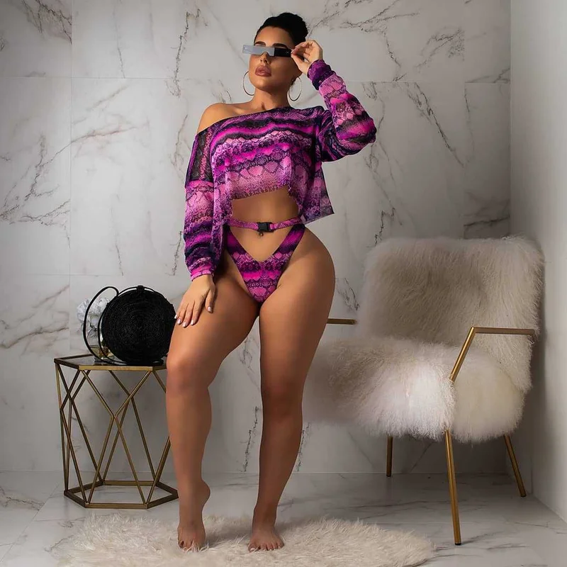 Женский шифоновый купальник со змеиным принтом комплект из трех предметов