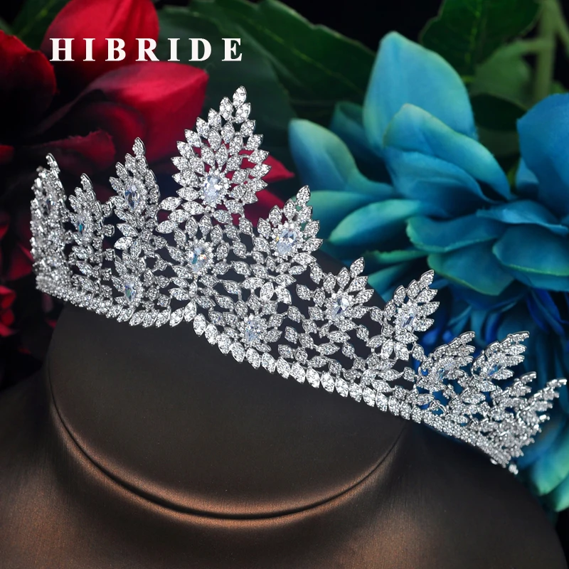 

HIBRIDE New Luxury Flower Design Women Bridal Headband Tiara&Crown Sparking CZ Pave Crown Hair Accessories Party Gifts C-69