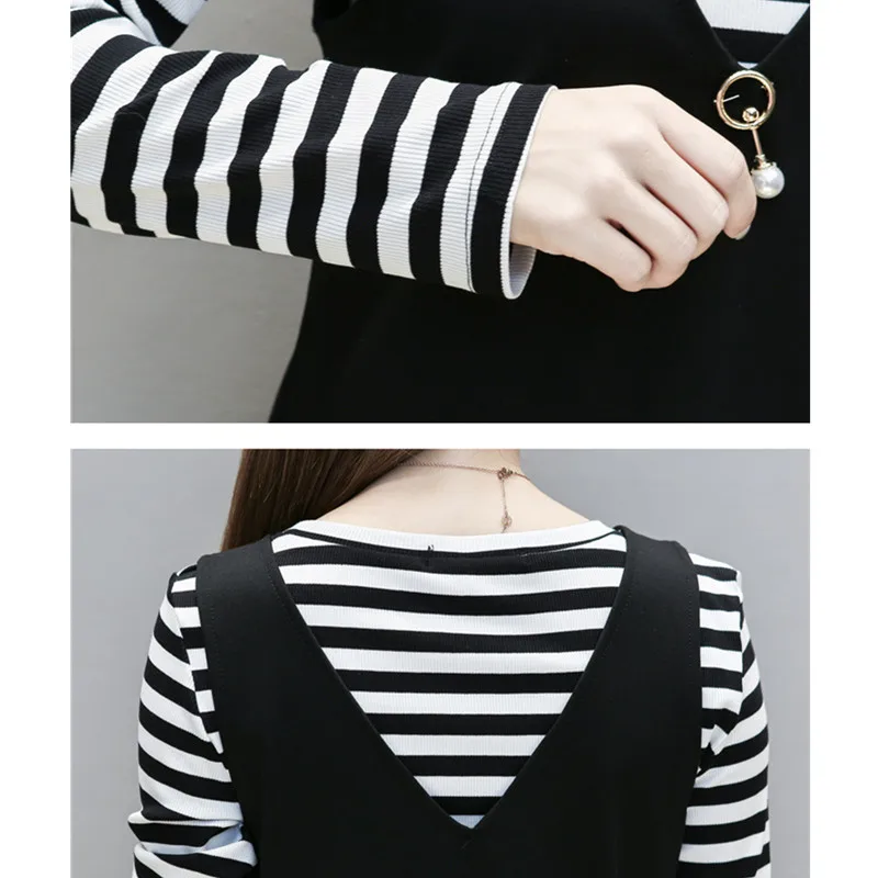 Осенне зимнее женское платье новинка 2018 модное в полоску с футболкой и жилетом