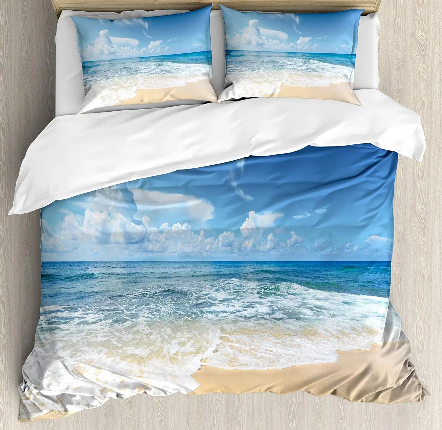 Ocean Duvet Cover Set Queen Size Waves and Paradise Beach Sky Sun Endless Summer Sea Coast View Tropic Print 4 Piece Bedding | Дом и сад