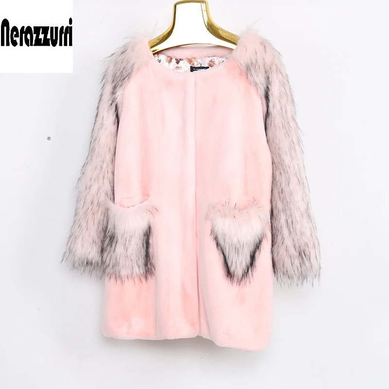 Зимняя женская куртка из искусственного меха Nerazzurri, большие размеры 5xl 6xl 7xl, элегантное розовое пушистое пальто из искусственного меха с лисьими меховыми пакетами и рукавами - Цвет: Pink