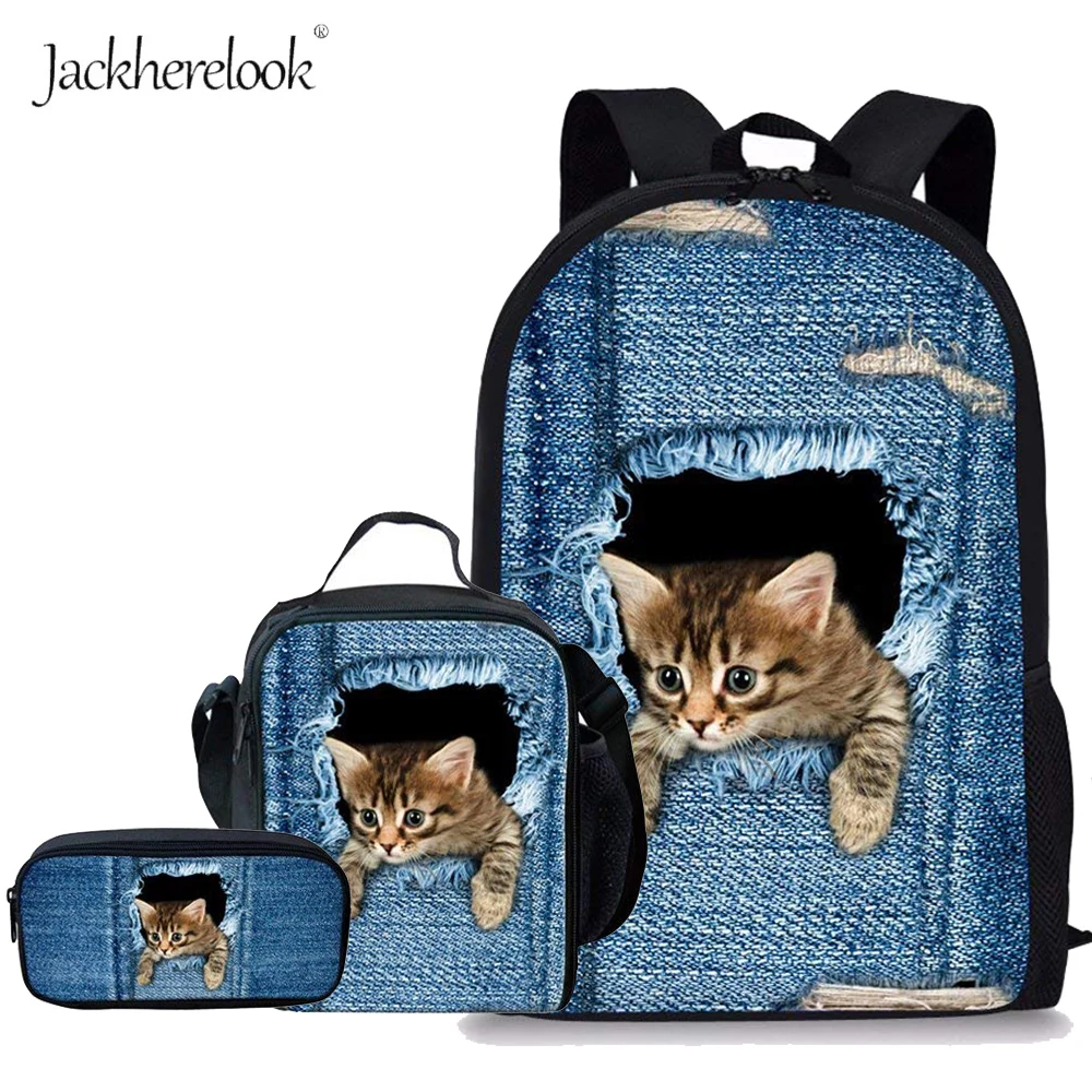

Jackherelook Детский рюкзак для девочек, милый джинсовый ортопедический Школьный набор с принтом кошки и собаки, сумка для начальной школы, рюкза...