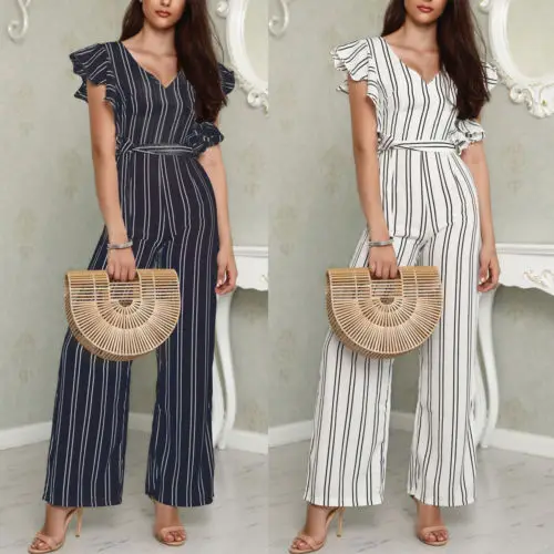 New Women Striped Jumpsuit Summer Lady Fashion Casual Sleeveless High Waist Clubwear Playsuit Bodysuit Party Romper Long Trouser | Женская