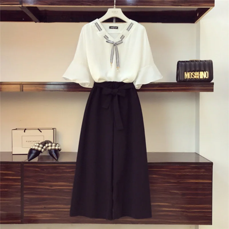 Женский шифоновый костюм из двух предметов свободные широкие брюки модный лето