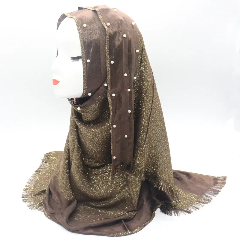 

Hot sale fashion gold thread pearls solid fringed scarf women shimmer plain wraps shawl cosy viscose muslim hijabs 20pcs/lot