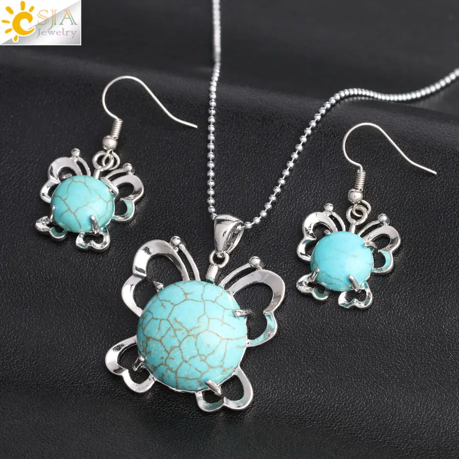 CSJA бирюзовые Ювелирные наборы круглые купольные зеленые камни Полые Подвески