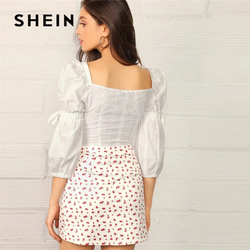 SHEIN, с узлом, на пуговицах, спереди, Peekaboo Schiffy, белая блузка, укороченный топ, женские весенние буфы на рукавах с вышивкой, блузка