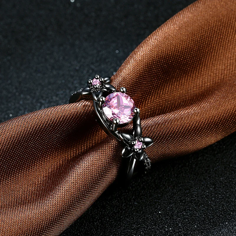 Original Hollow Out Flower Shape Black Gold Color Women Rings Fashion Party Jewelry Accessory Pink CZ Crystal | Украшения и