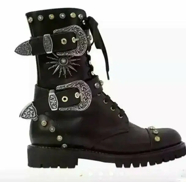 

Sestito Women Sexy 2 Straps Round Toe Ankle Boots With Studs Female Square Heels Motorcycle Boots Ladies Zipper Martin Boots