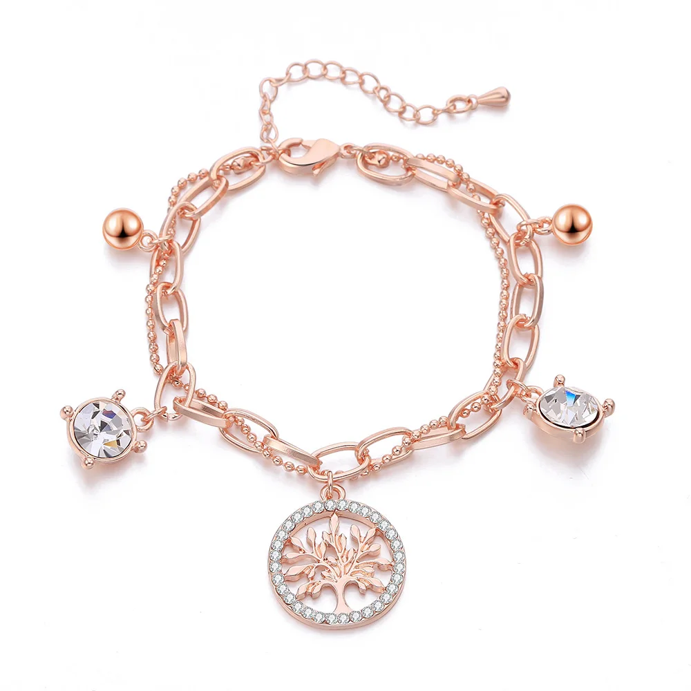 rose gold Женский браслет золото Многослойная цепь Древо жизни и Большой Кристалл Шарм Подвеска Бохо ссылка Браслеты для Для женщин Браслеты и браслеты - Окраска металла: rose gold