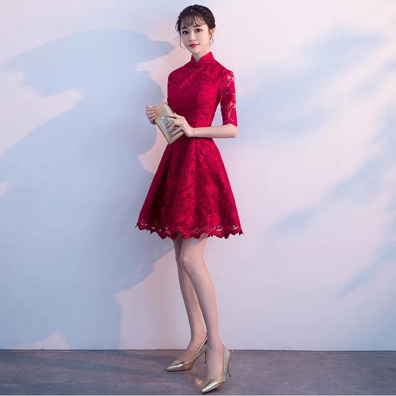 Красное китайское платье с вышивкой Qipao сексуальное Ципао повседневное женское