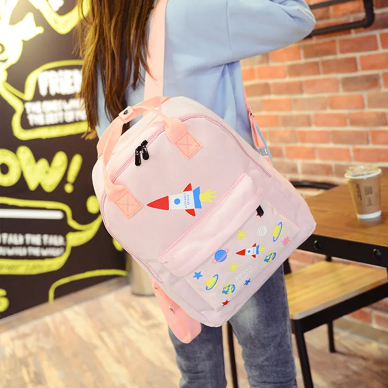 

Adomoe preppy Style Kawaii Backpack Teens Casual Canvas School Bag Korean Mori Girl rocket pattern Students Travel Backpacks