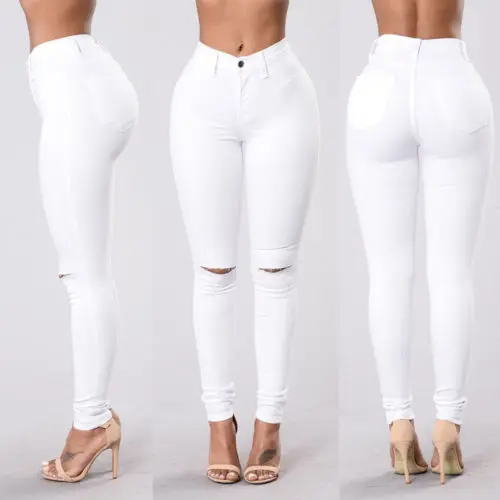 

2018 denim skinny ripped high waist jeans white Hot New Slim Pack Hip Knee Hole Pencil jeans