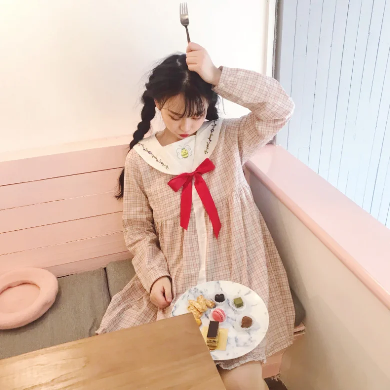 Kawaii платье лолиты весеннее женское японское милое студенческое платье с бантом и вышивкой в клетку летнее маленькое свежее платье