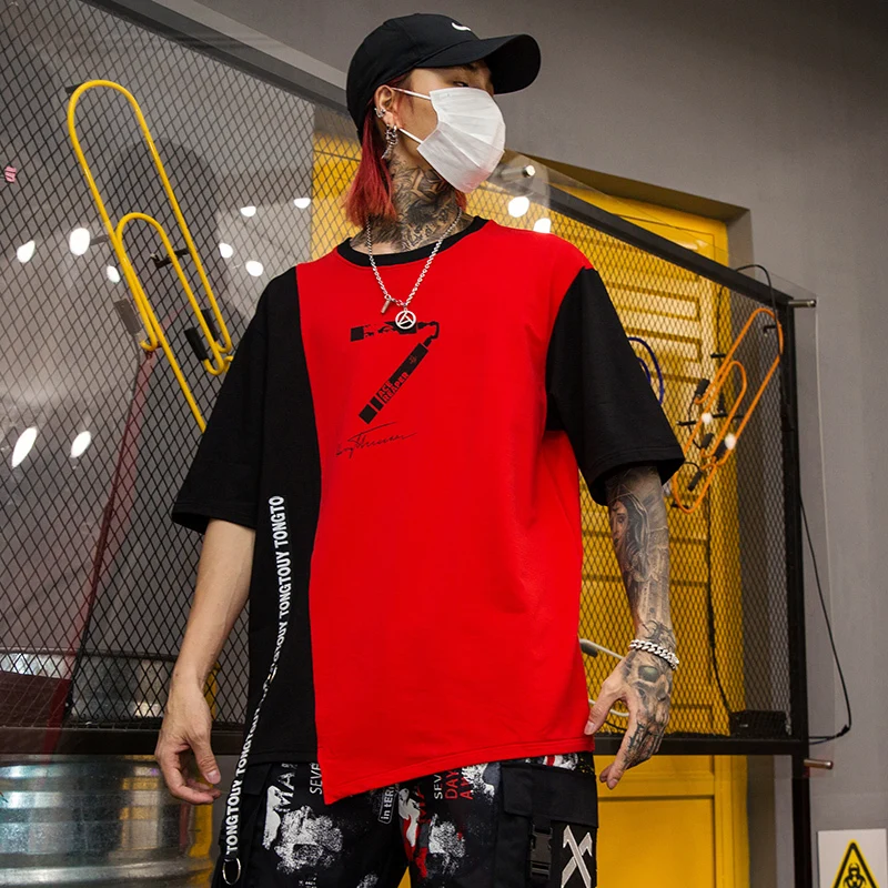 

T-shirt Summer new style Man Personality Printing Thin Short Sleeve Hip Hop Country Tide streetwear Fivepence tops Black
