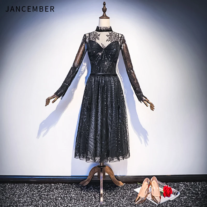 JANCEMBER светло роскошное 2019 новейшее Коктейльное Платье Иллюзия декольте с высоким