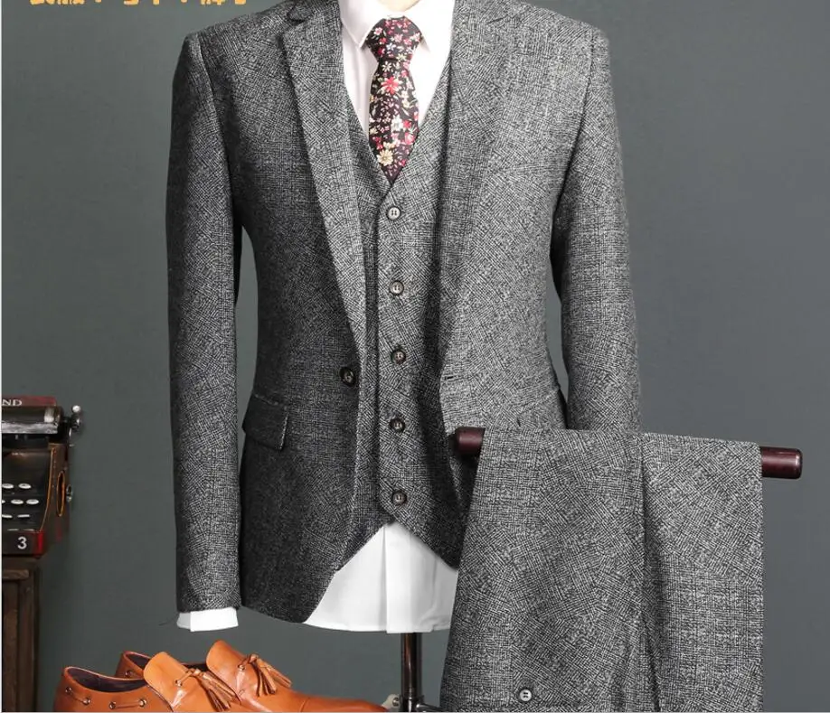 

Tweed Grey Men Slim Fit Suit One Button Classic Style Groom Tuxedos men wedding suits 2017(jacket+pant+vest)terno de noivo