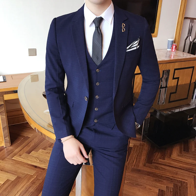 navy blue Джентльменский винтажный костюм в тонкую полоску, классический приличный мужской костюм, свадебные, вечерние, для жениха, для банкета, для курения, мужской костюм, приталенный, красный, серый - Цвет: navy blue