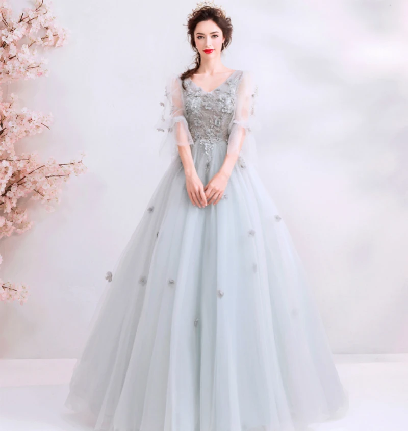 SSYFashion/Новое кружевное вечернее платье с v-образным вырезом длина до пола рукав