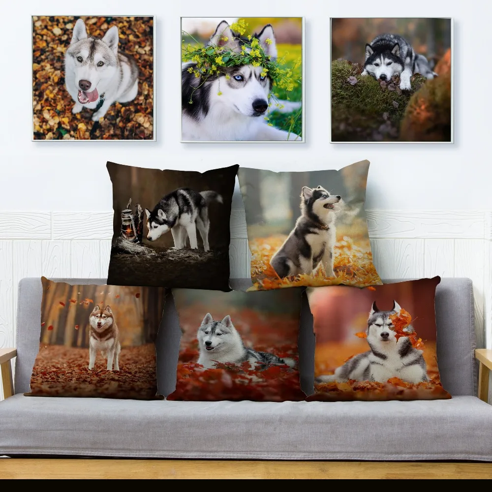 

HD Siberian Husky Dogs Print Cuhsion Cover 45*45 Square Pillow Covers Beige Linen Pillows Cases Sofa Home Decor Pillowcase