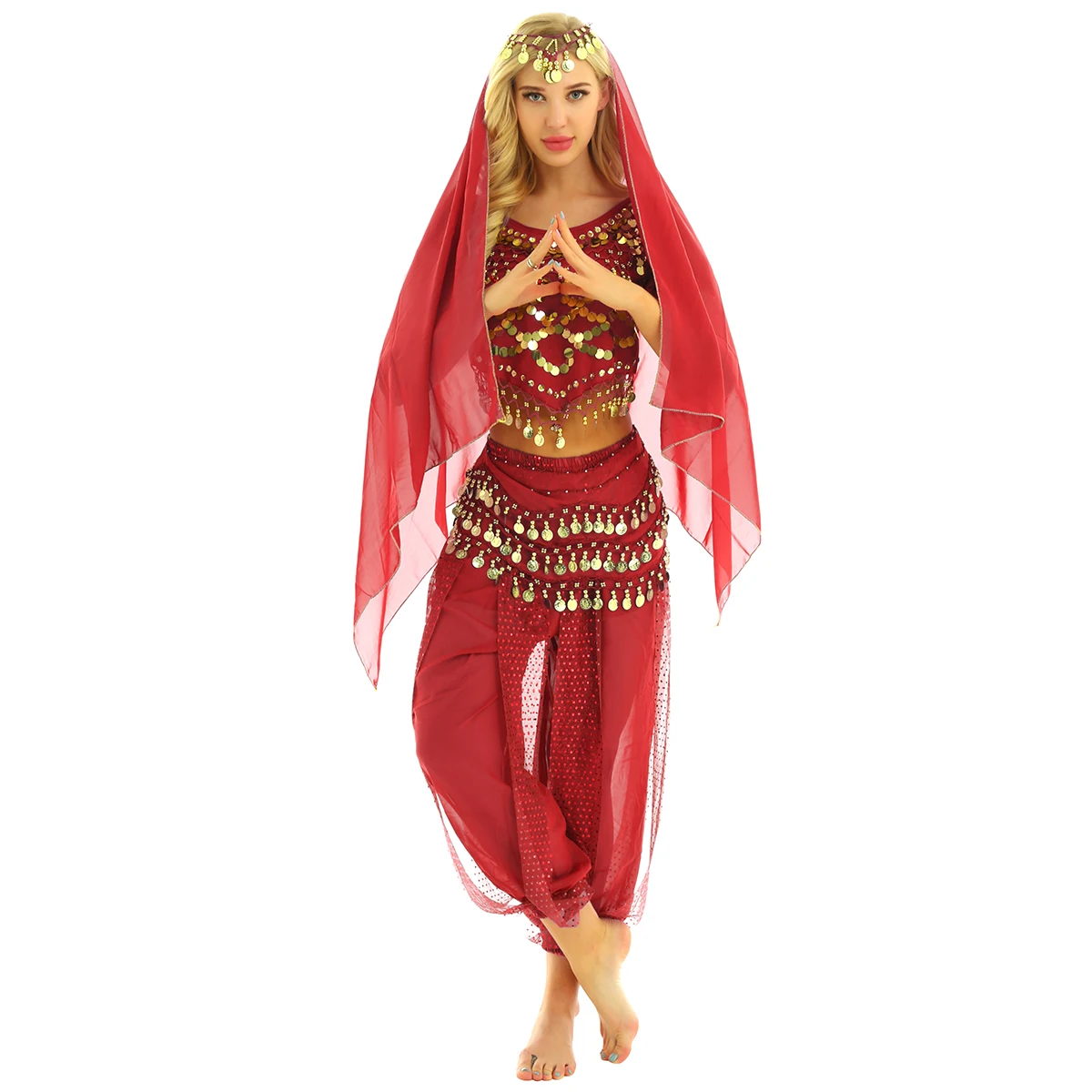Женский индийский танцевальный наряд короткие фонарики рукава монеты Топ шаровары хип платок на голову карнавал набор костюма для танца живота - Цвет: Red