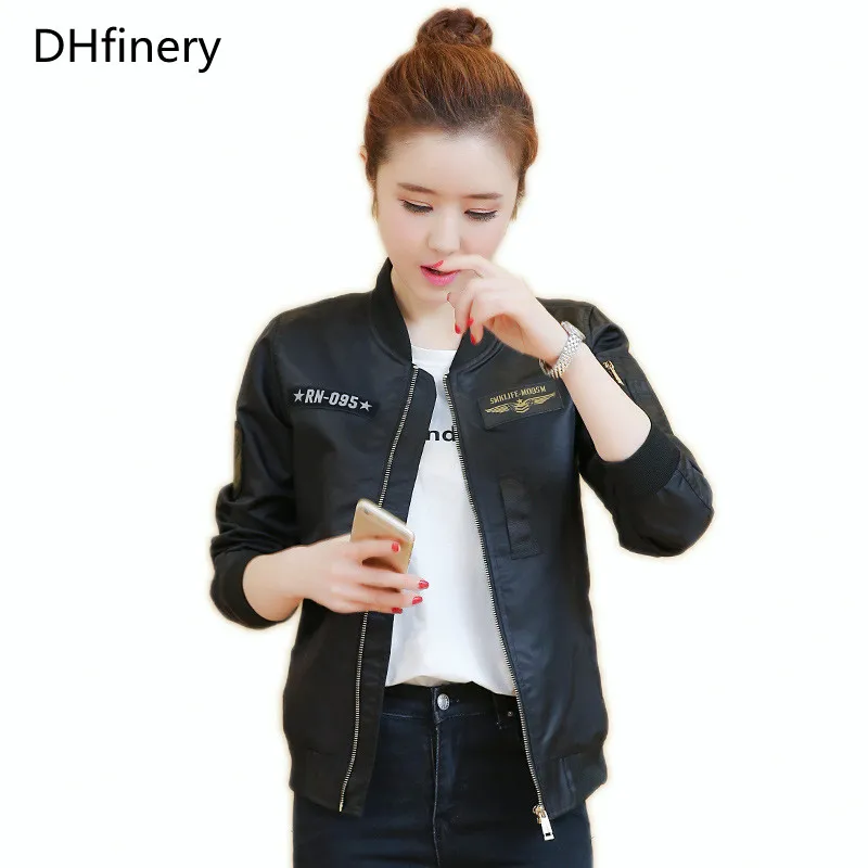 

DHfinery bomber jacket women 2019 autumn winter Slim V neck Elegant coat black army green baseball uniform jacket bs6889