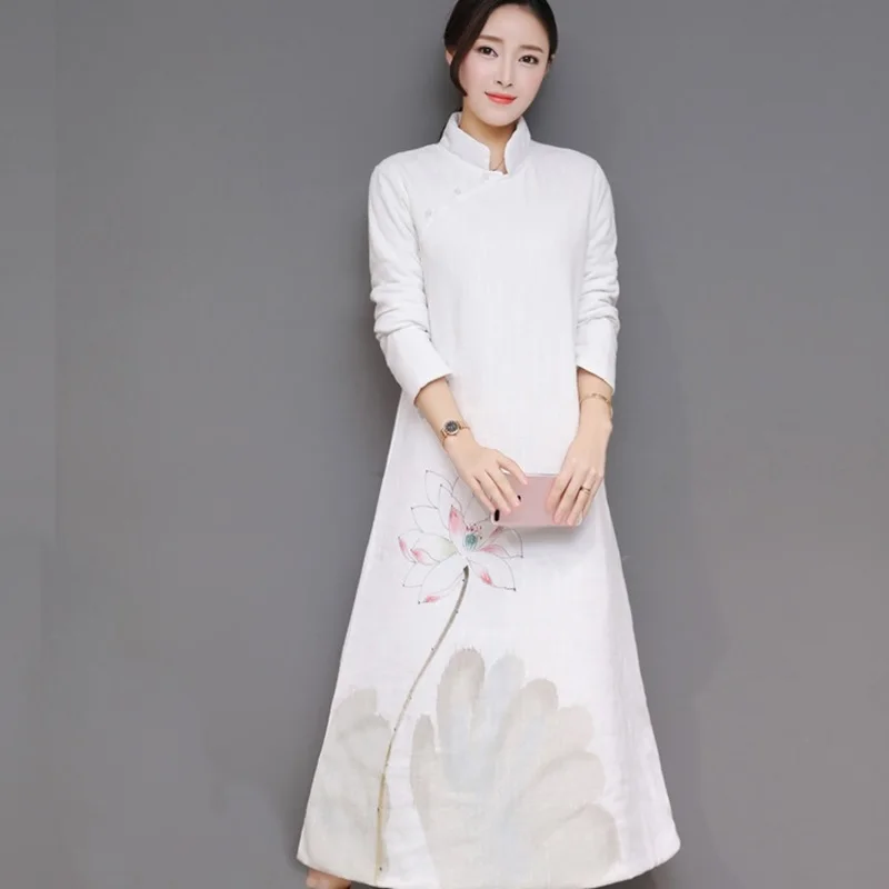 Dress Chinese Style Winter Dresses Women 2019 White Ink Painting Warm Quilted Cheongsam Retro National Ladies TA1259 | Тематическая