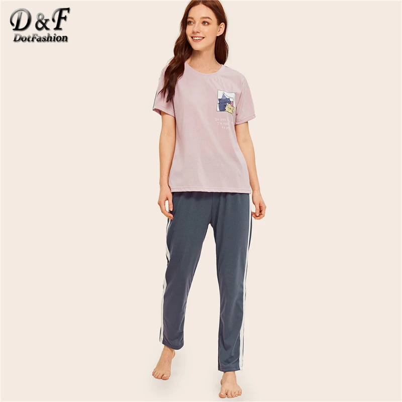 Dotfashion/пижамы для женщин с принтом из мультфильмов и букв, комплект летней одежды для сна, женская одежда для сна с коротким рукавом, повседневный пижамный комплект