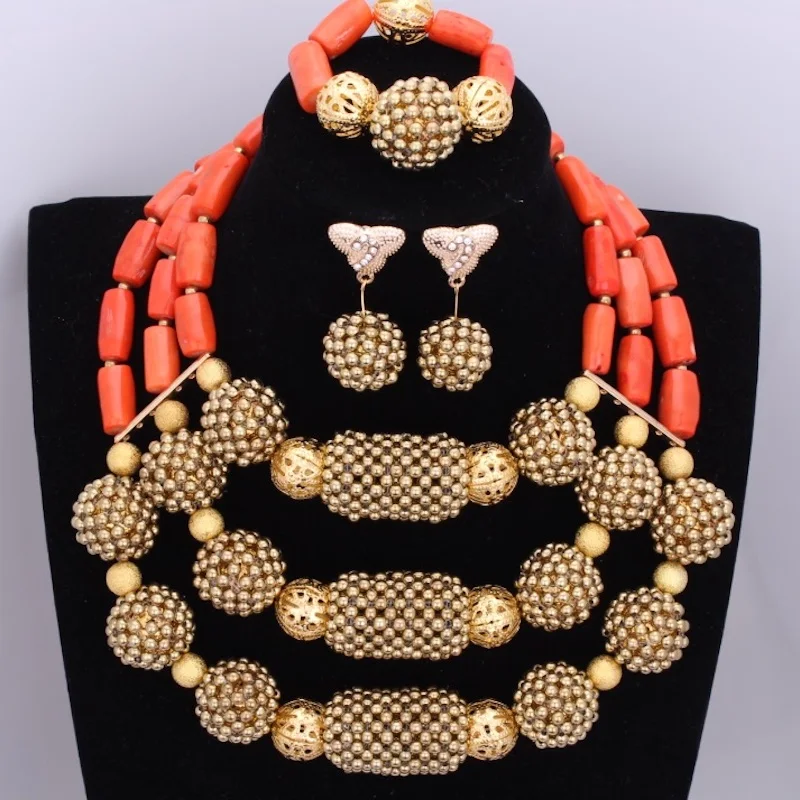 Orange Coral Beads Jewelry Sets Balls Dubai Gold sets For Women 2018 Free Shipping pieces Necklace Bracelet Earrings | Украшения и