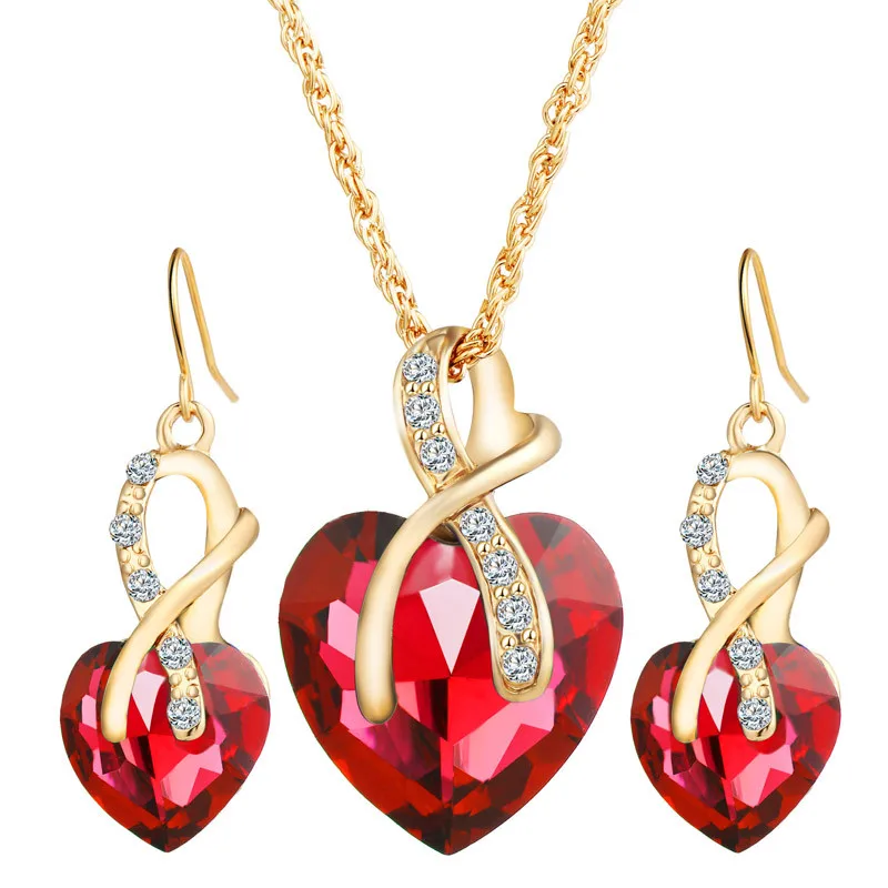 Austrial Crystal Heart Pendant Necklace Earrings Jewellery Set Gold Jewelry Sets For Women Bridal Wedding 2016 Set001 | Украшения и