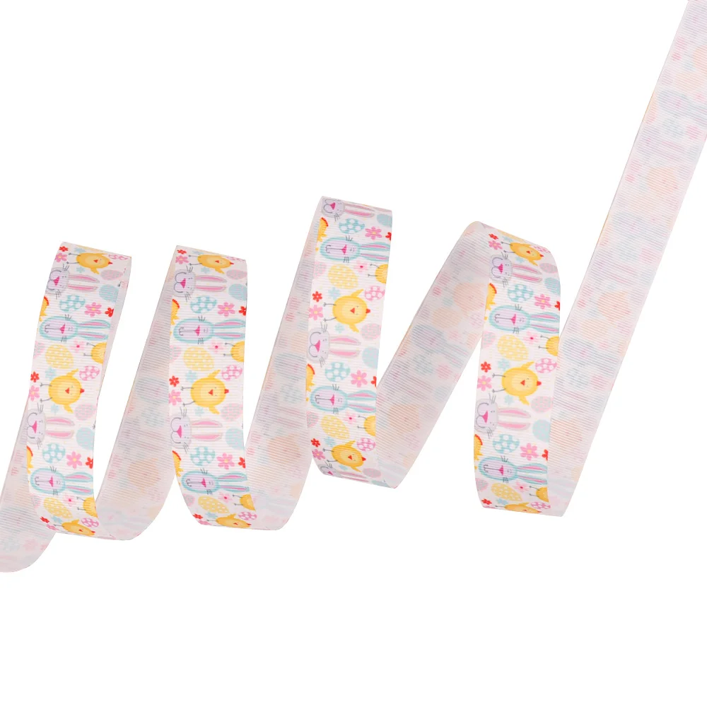 5Y/lot 25mm Cartoon Easter Ribbons Thermal Transfer Egg Rabbits Printed Grosgrain Ribbon DIY Handmade Material Tape Decoration