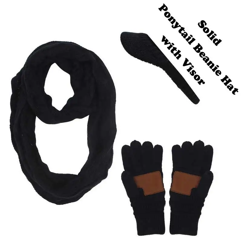 Ponytail Beanie Women Scarf Hat Glove Sets Knitted Winter Cap Warm Skullies Beanies Woolen Hats Casual Female Slouchy Knit Caps