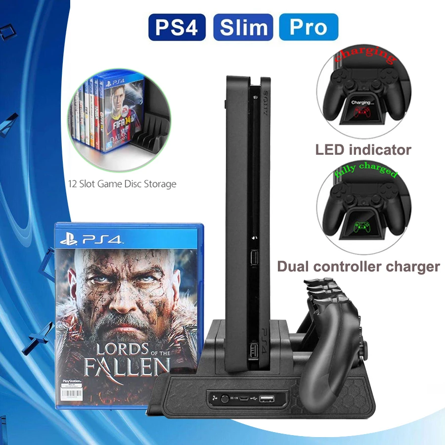 PS4 PRO тонкая подставка с охлаждающим контроллером вентилятора зарядное устройство зарядная док-станция для хранения дисков игровая станция 4 шт. 4 аксессуары