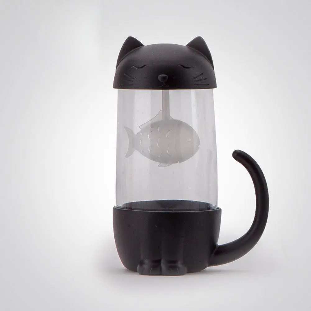 Черный Stylish Hot Sale Lovely Glass Cup Tea Cat with Fish Filter Strainer Glass Cup Tea Infuser Filter Mug Home Office Container Gift - Цвет: Черный