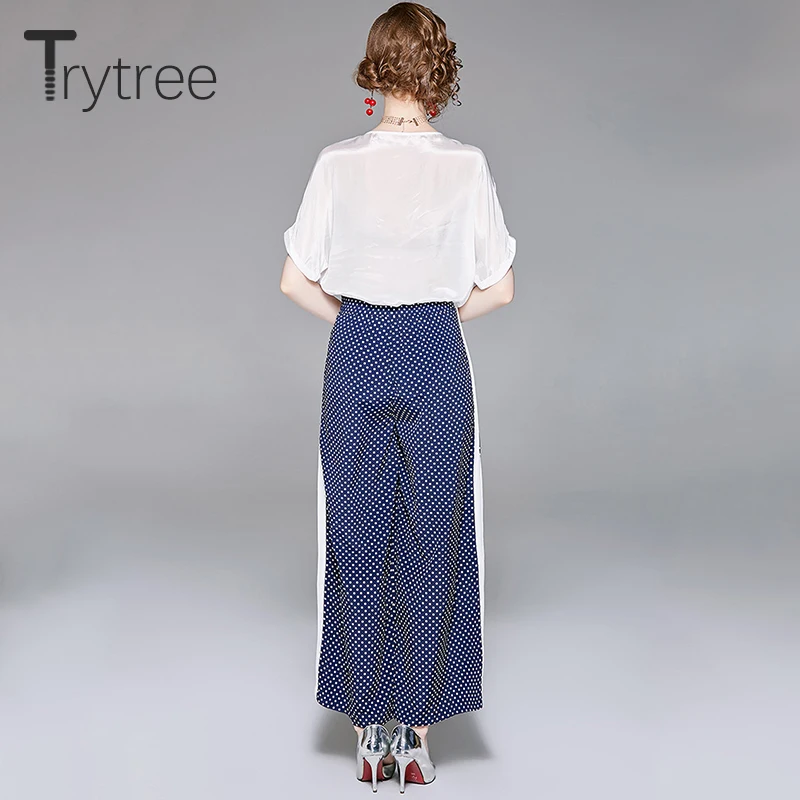 Trytree летний женский комплект из двух предметов повседневные топы с v-образным вырезом+ штаны в горошек на завязках эластичный пояс широкие брюки для ног Женский костюм комплект из 2 предметов