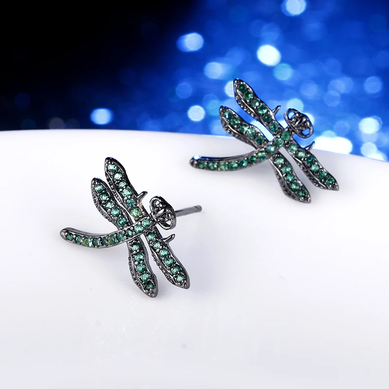 

100% 925 sterling silver vintage style black thai silver green crystal dragonfly ladies stud earrings jewelry Anti allergy gift